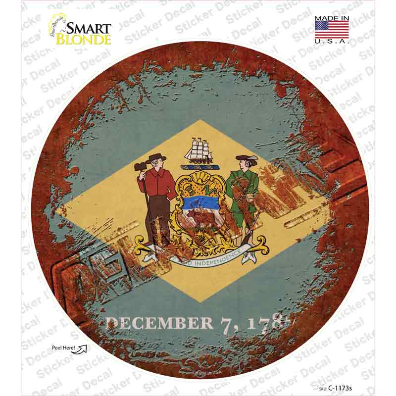 C-1173s-M Delaware Rusty Stamped Novelty Circle Sticker Decal - Medium