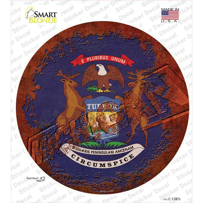 C-1187s-M Michigan Rusty Stamped Novelty Circle Sticker Decal - Medium
