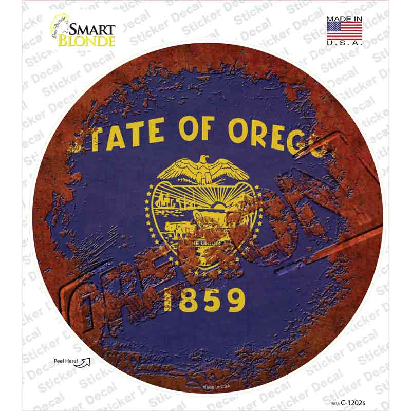 C-1202s-M Oregon Rusty Stamped Novelty Circle Sticker Decal - Medium