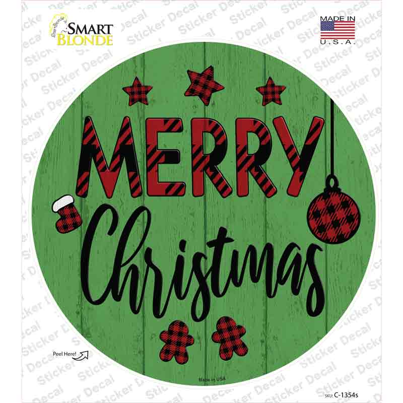 C-1354s-M Merry Christmas Plaid Green Novelty Circle Sticker Decal - Medium