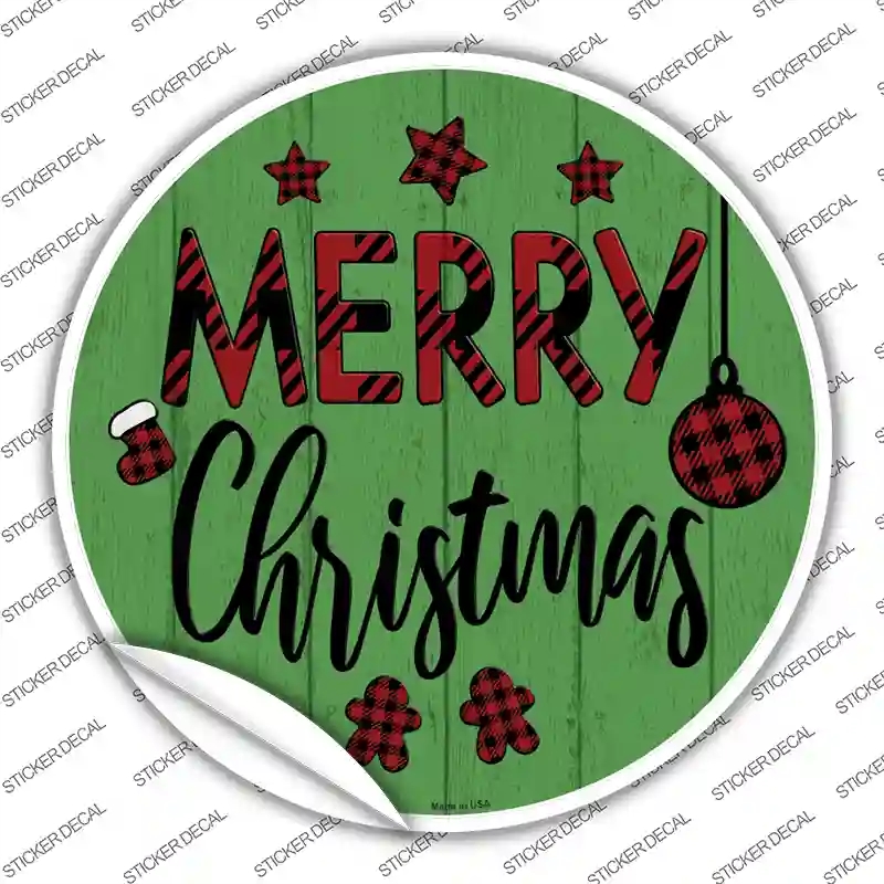 C-1354s-S Merry Christmas Plaid Green Novelty Circle Sticker Decal - Small