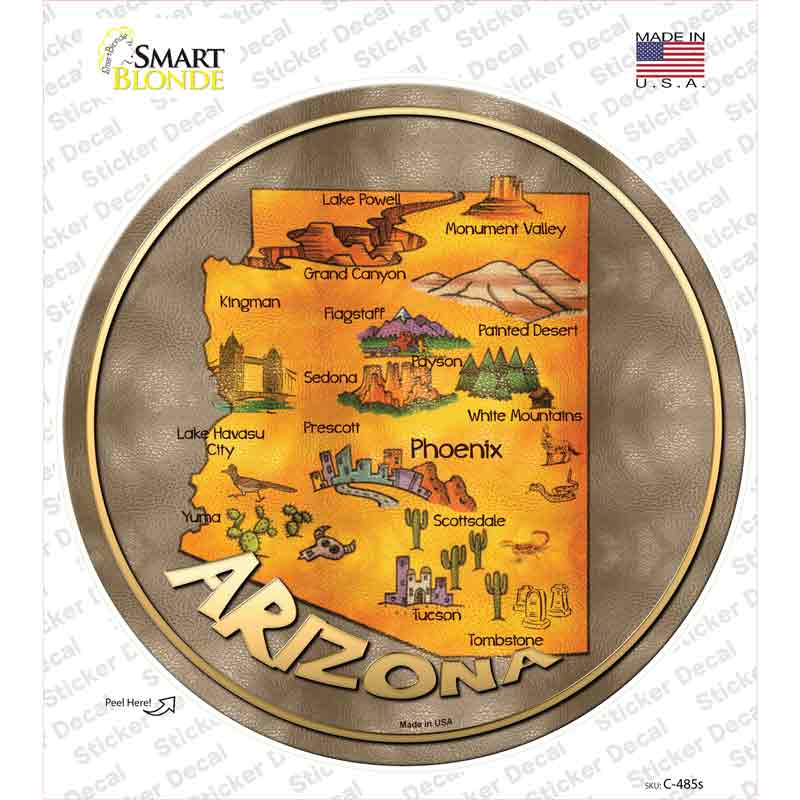 C-485s-M Arizona State Map Novelty Circle Sticker Decal - Medium