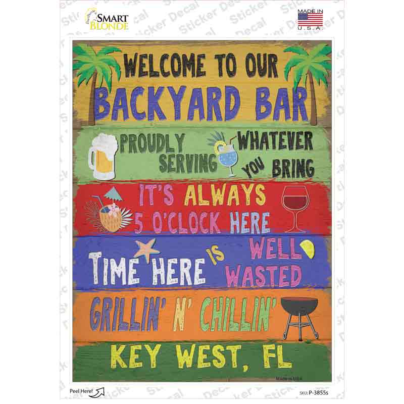P-3855s-M Backyard Bar Key West Novelty Rectangle Sticker Decal - Medium