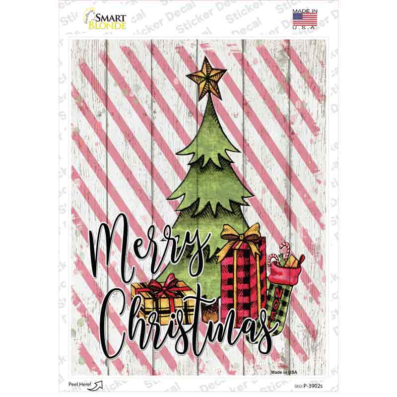 P-3902s-M Merry Christmas Tree Novelty Rectangle Sticker Decal - Medium