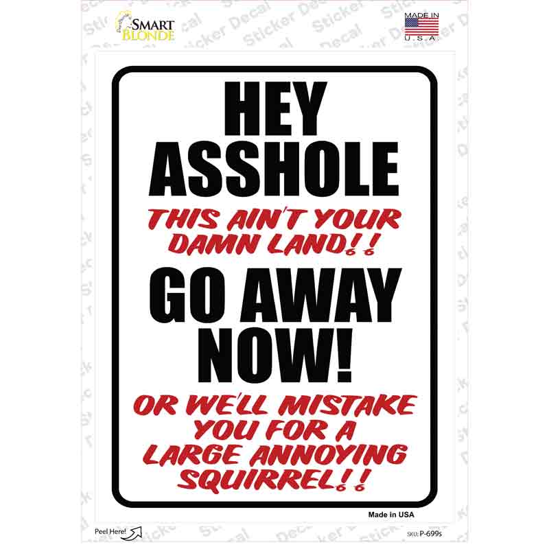 P-699s-M Hey Asshole Go Away Now Novelty Rectangle Sticker Decal - Medium