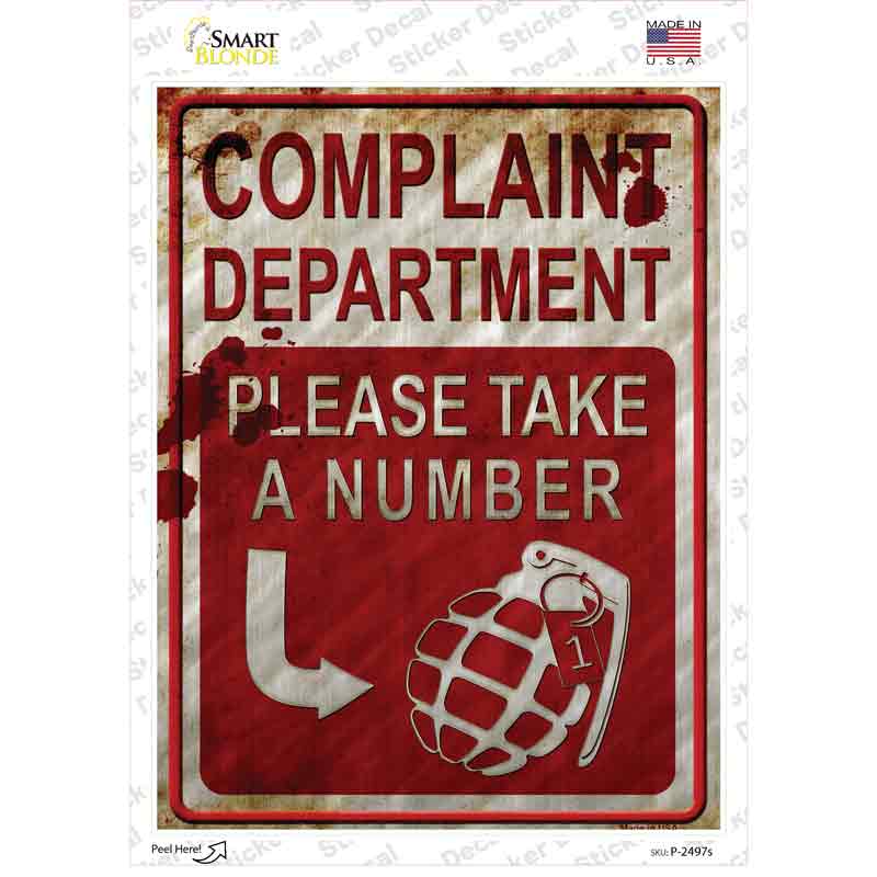 P-2497s-M Complaint Department Take A Number Novelty Rectangle Sticker Decal - Medium