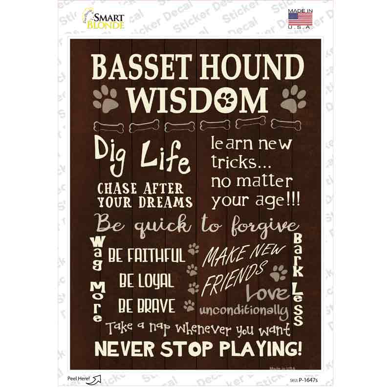 P-1647s-M Basset Hound Wisdom Novelty Rectangle Sticker Decal - Medium