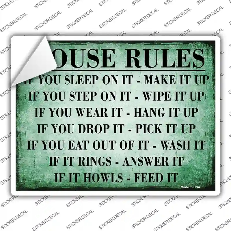 P-167s-S House Rules Green Distressed Novelty Rectangle Sticker Decal - Small