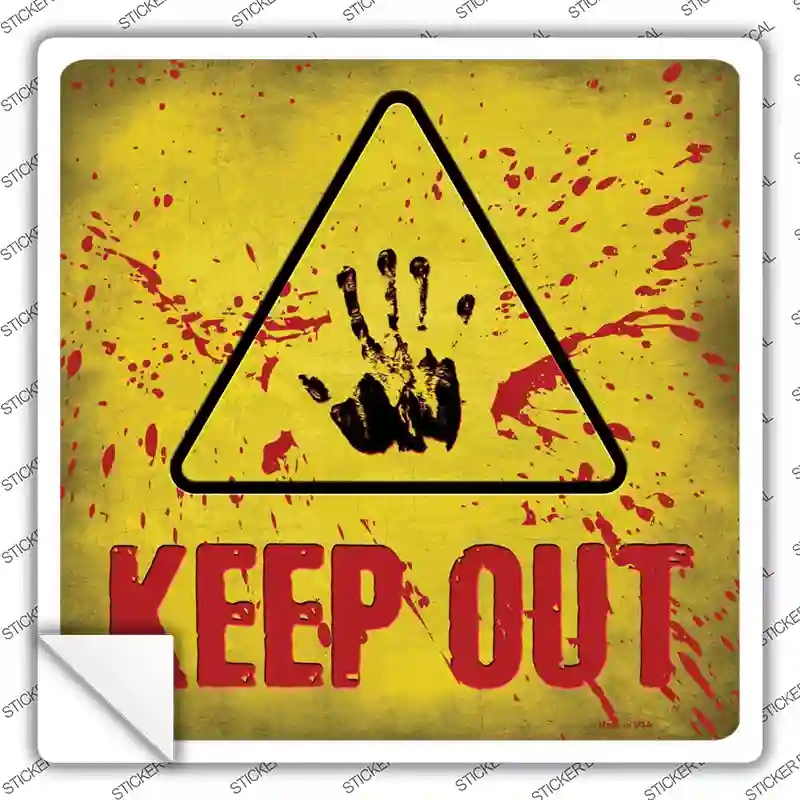 SQ-308s-L Keep Out Triangle with Handprint & Blood Novelty Square Sticker Decal - Large