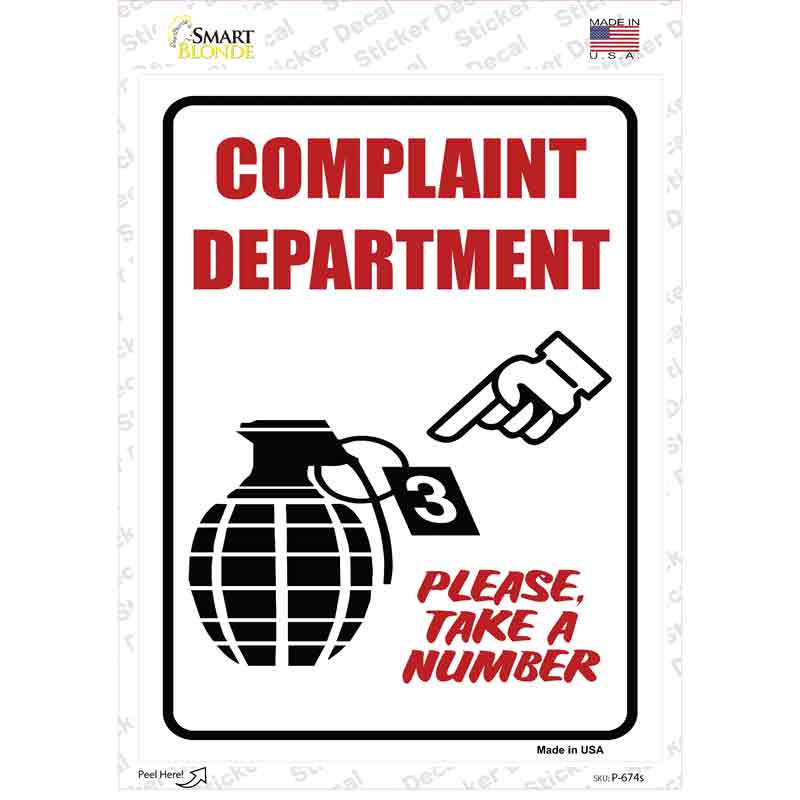 P-674s-M Complaint Department Novelty Rectangle Sticker Decal - Medium