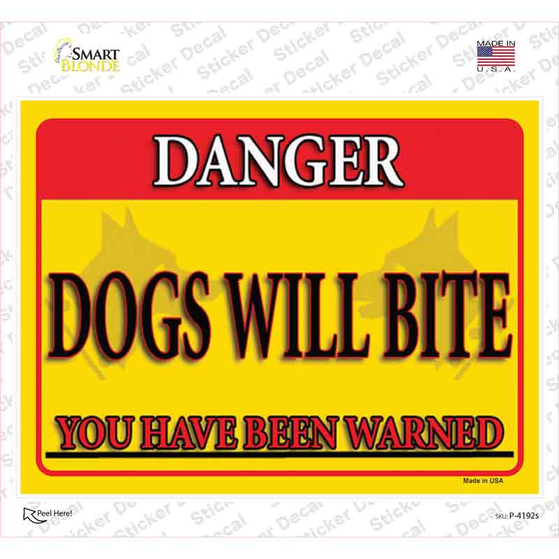 P-4192s-M Dogs Will Bite Yellow Novelty Rectangular Sticker Decal - Medium