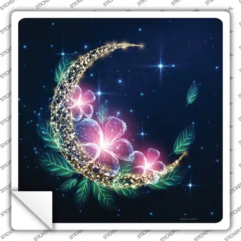 SQ-1366s-S Moon & Flowers Novelty Square Sticker Decal - Small