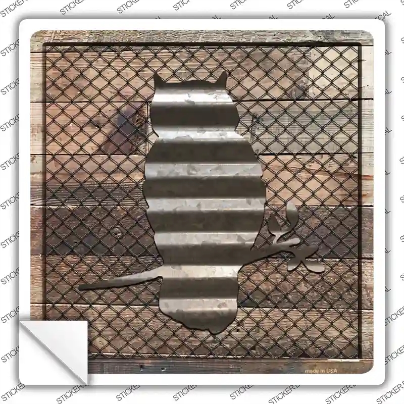 SQ-612s-XL Corrugated Owl on Wood Novelty Square Sticker Decal - Extra Large