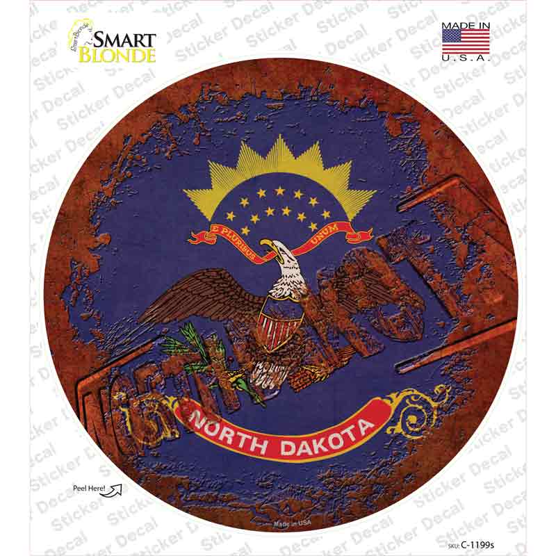 C-1199s-M North Dakota Rusty Stamped Novelty Circle Sticker Decal - Medium