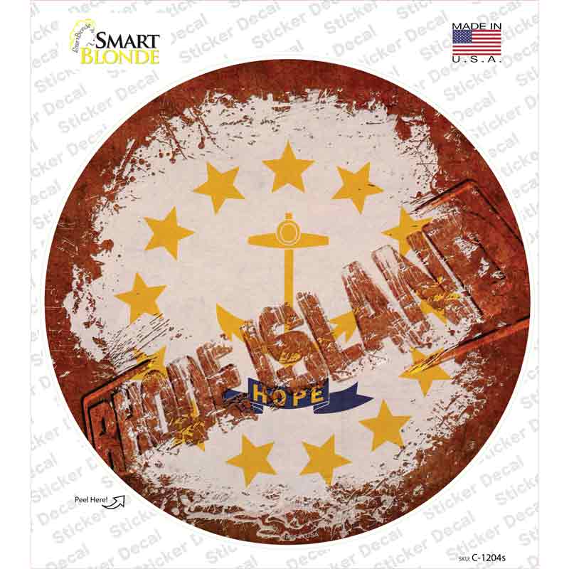 C-1204s-M Rhode Island Rusty Stamped Novelty Circle Sticker Decal - Medium