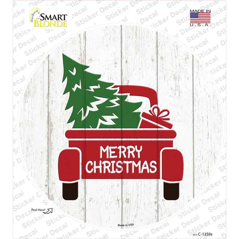 C-1359s-M Christmas Tree in Truck Bed Novelty Circle Sticker Decal - Medium