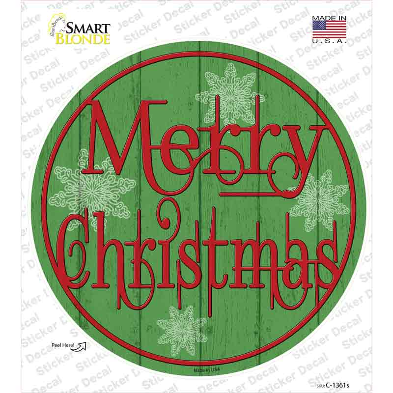 C-1361s-M Merry Christmas Green Wood Novelty Circle Sticker Decal - Medium