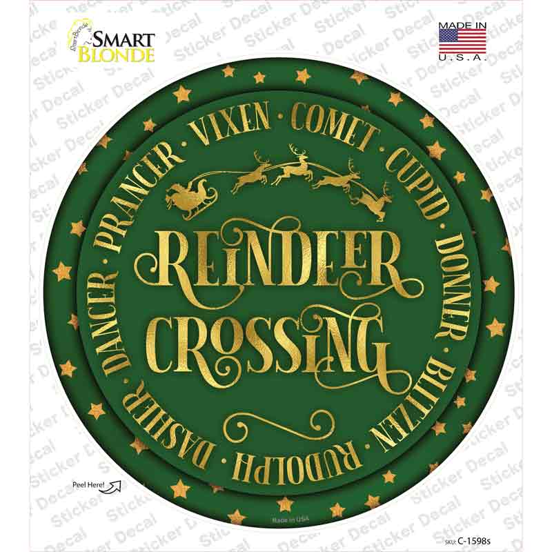 C-1598s-M Reindeer Crossing Green Novelty Circle Sticker Decal - Medium