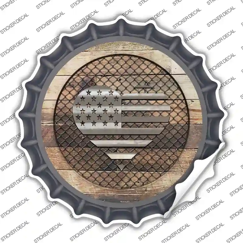 BC-1062s-S American Flag Heart on Wood Novelty Bottle Cap Sticker Decal - Small