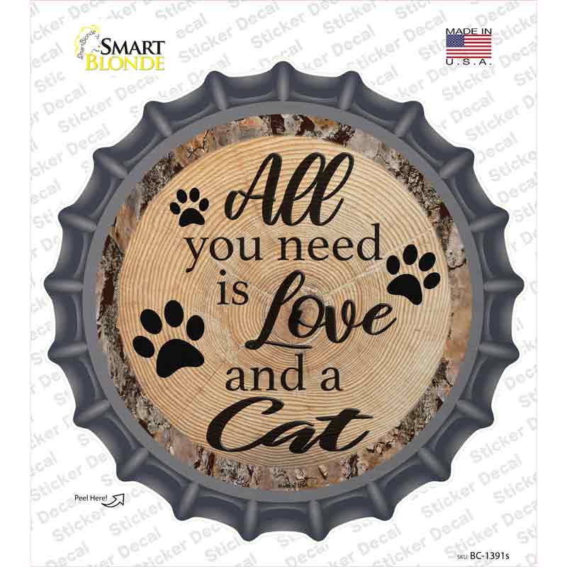 BC-1391s-M Love & A Cat Novelty Bottle Cap Sticker Decal - Medium