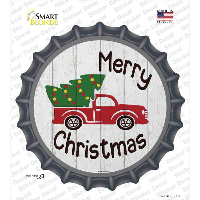 BC-1358s-M Merry Christmas Tree Truck Novelty Bottle Cap Sticker Decal - Medium