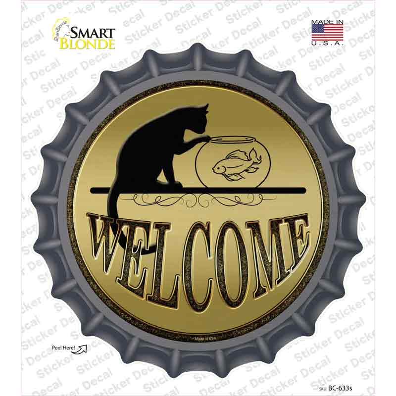 BC-633s-M Welcome with Cat Novelty Bottle Cap Sticker Decal - Medium