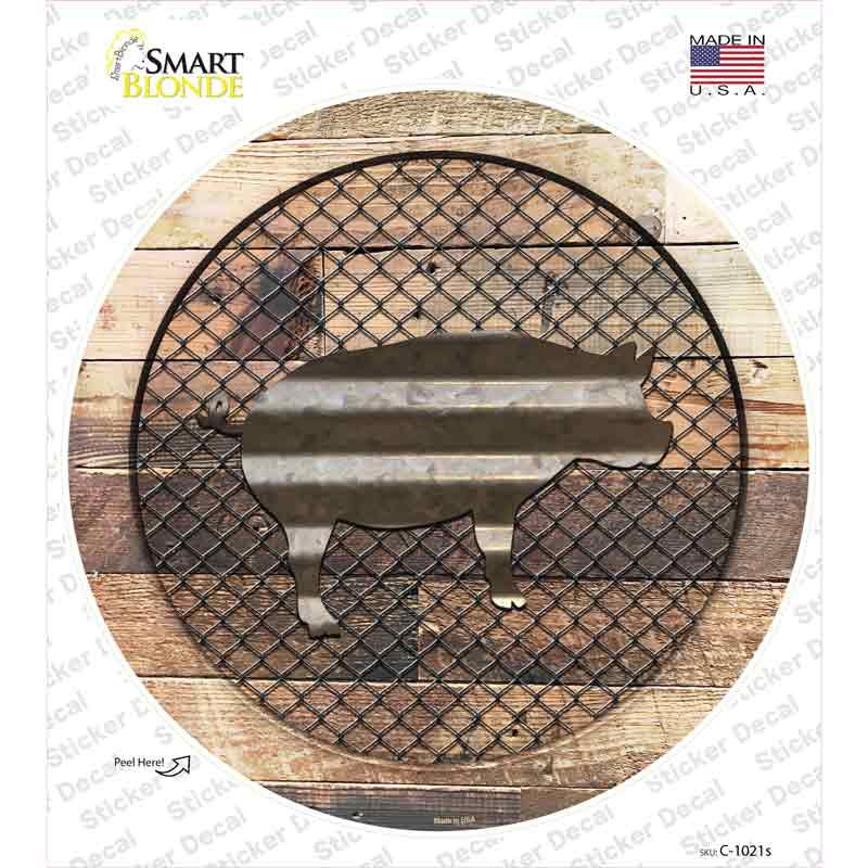C-1021s-M Pig on Wood Novelty Circle Sticker Decal - Medium