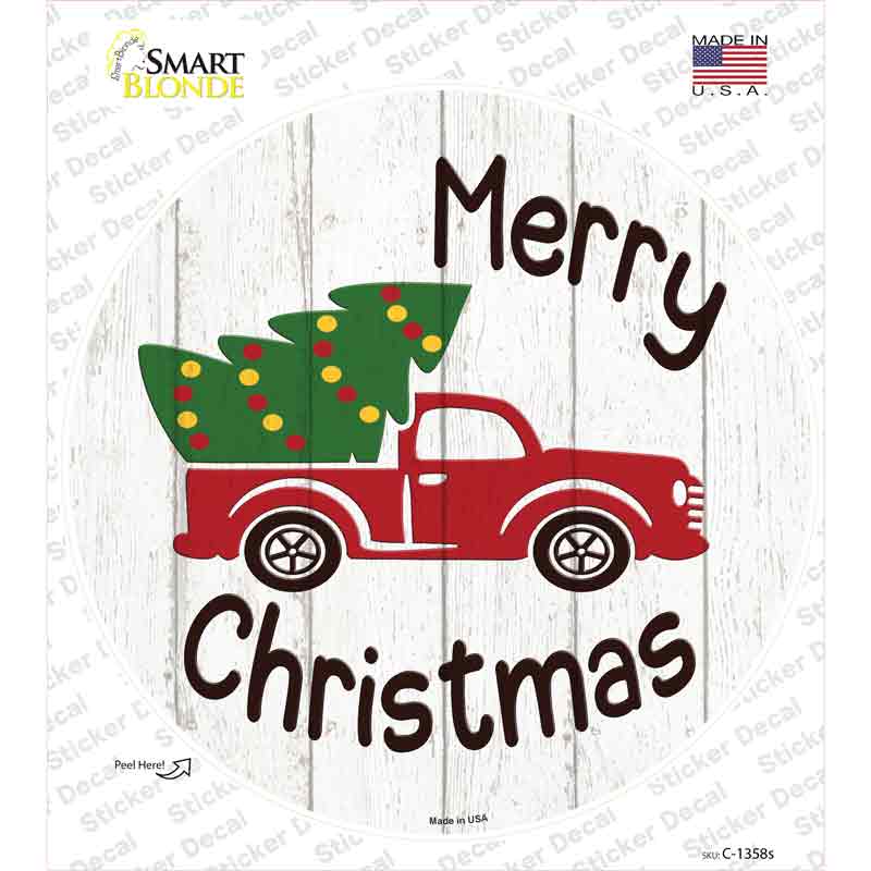 C-1358s-M Merry Christmas Tree Truck Novelty Circle Sticker Decal - Medium