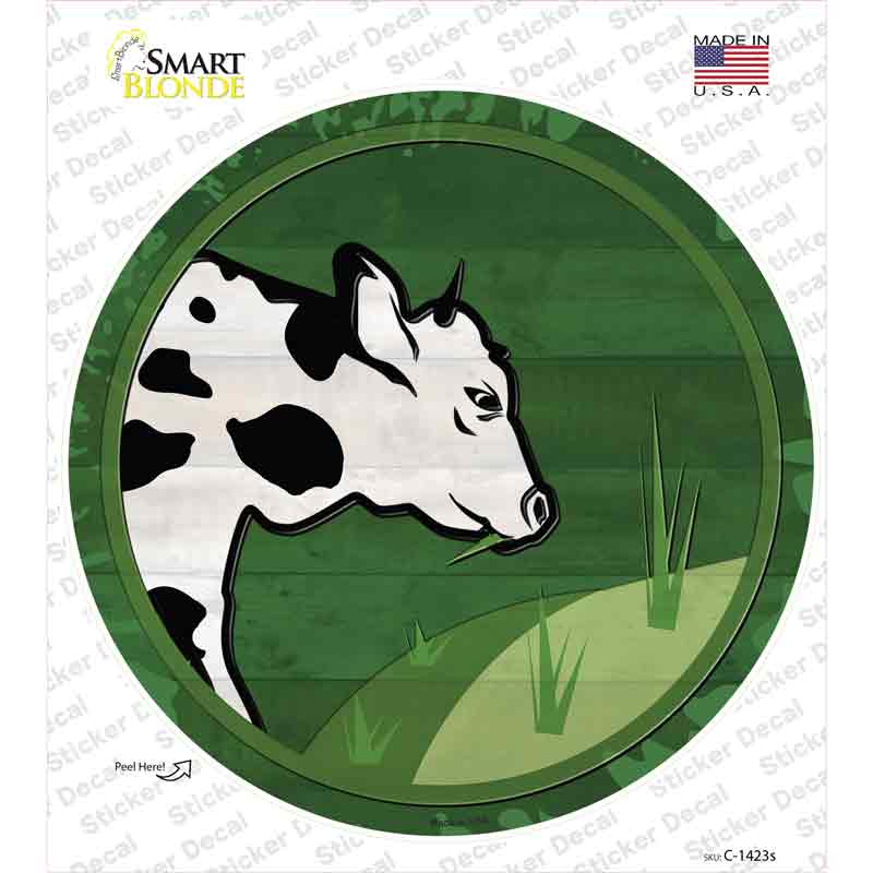 C-1423s-M Cow Eating Grass Novelty Circle Sticker Decal - Medium