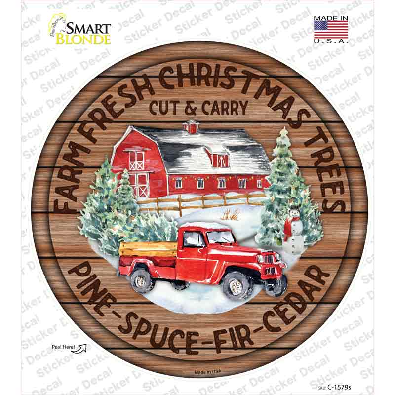 C-1579s-M Farm Fresh Christmas Trees Red Novelty Circle Sticker Decal - Medium