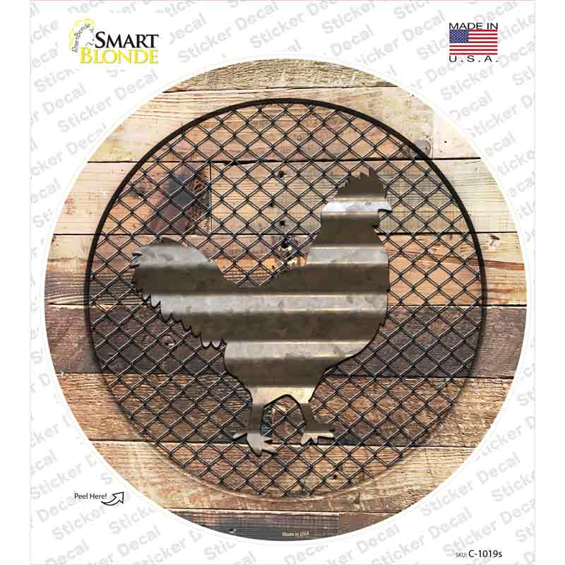 C-1019s-M Chicken on Wood Novelty Circle Sticker Decal - Medium