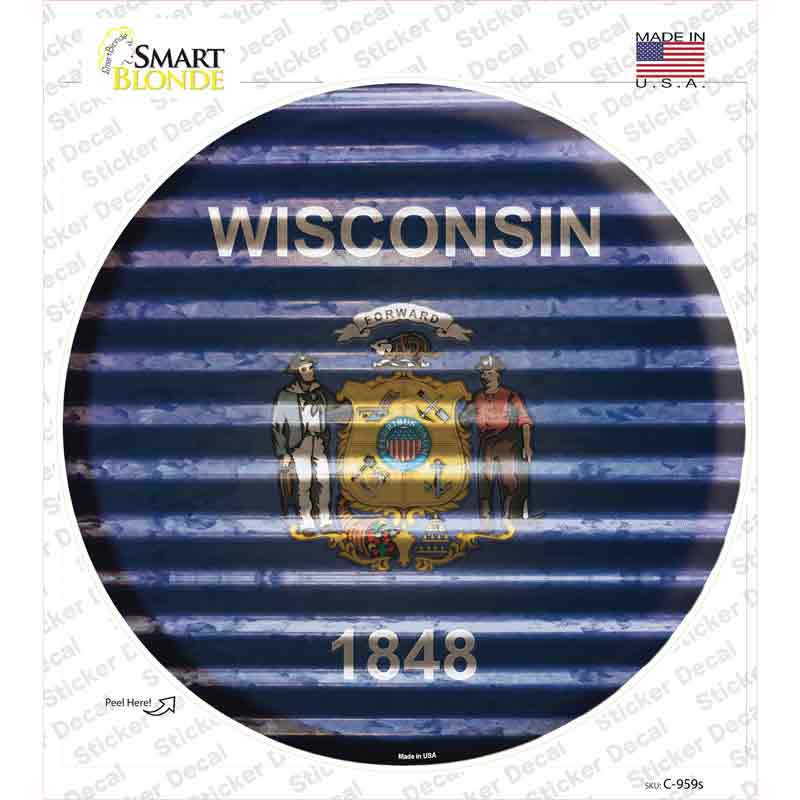 C-959s-M Wisconsin Flag Corrugated Novelty Circle Sticker Decal - Medium