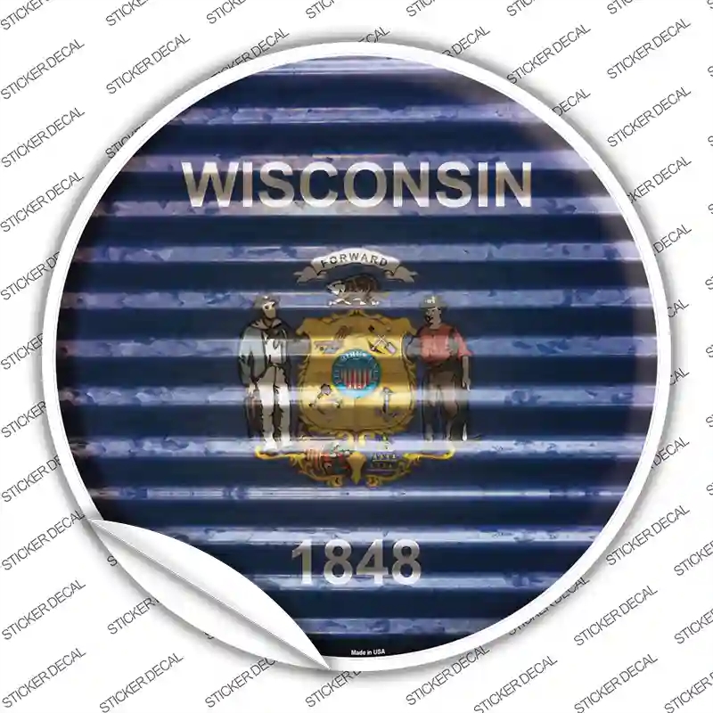 C-959s-S Wisconsin Flag Corrugated Novelty Circle Sticker Decal - Small
