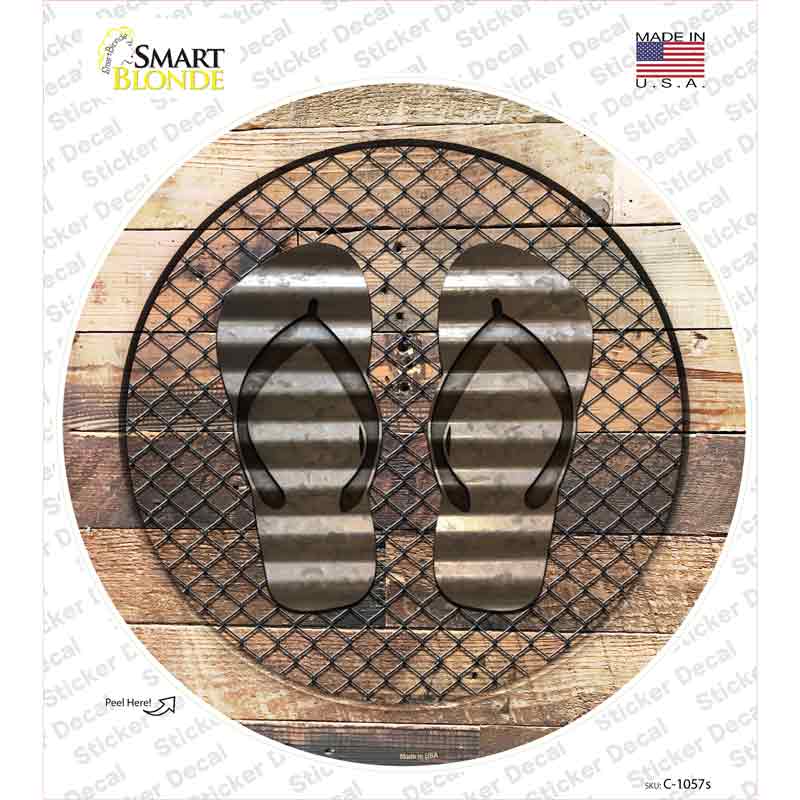 C-1057s-M Flip Flops on Wood Novelty Circle Sticker Decal - Medium