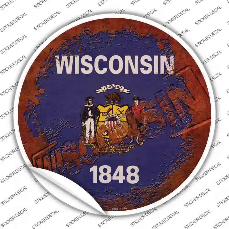 C-1214s-L Wisconsin Rusty Stamped Novelty Circle Sticker Decal - Large