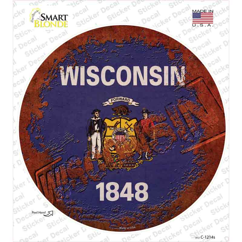 C-1214s-M Wisconsin Rusty Stamped Novelty Circle Sticker Decal - Medium