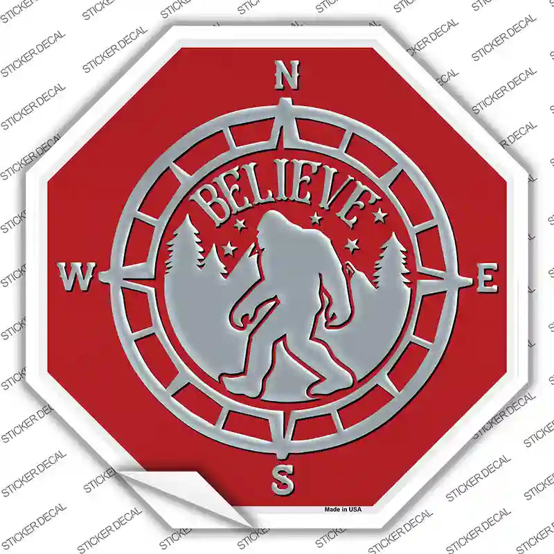 BS-478s-L Believe Bigfoot Compass Red Novelty Octagon Sticker Decal - Large