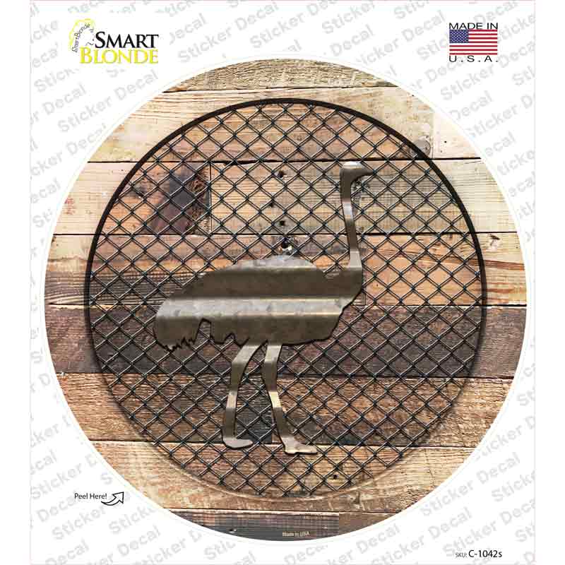 C-1042s-M Ostrich on Wood Novelty Circle Sticker Decal - Medium