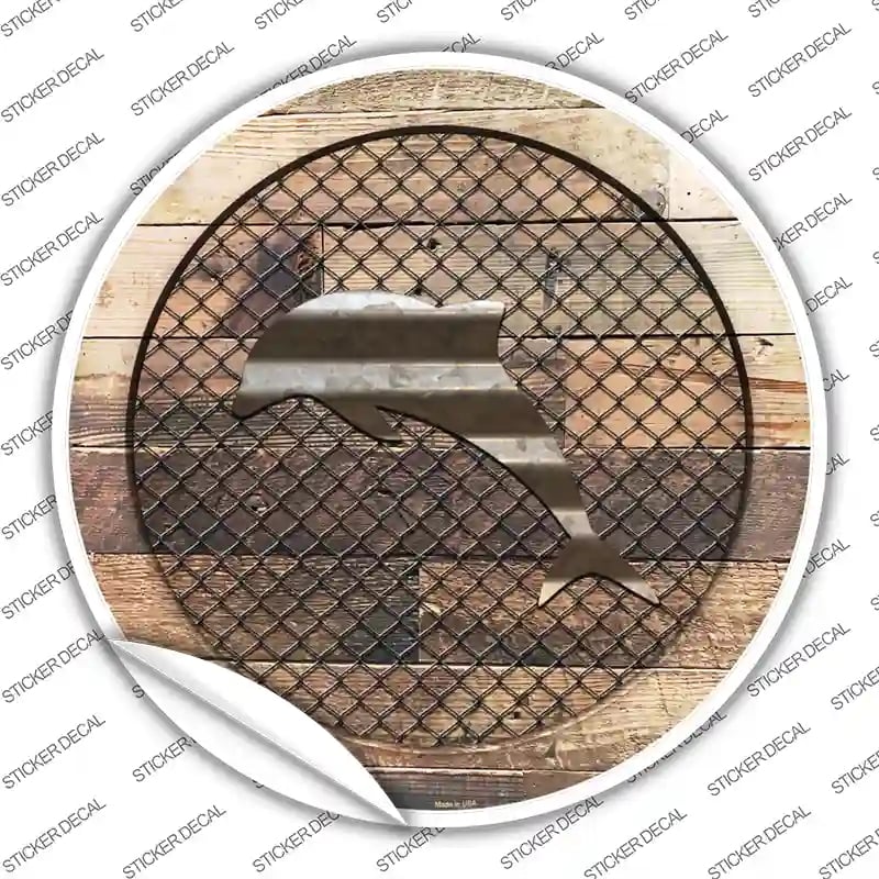 C-1050s-S Dolphin on Wood Novelty Circle Sticker Decal - Small