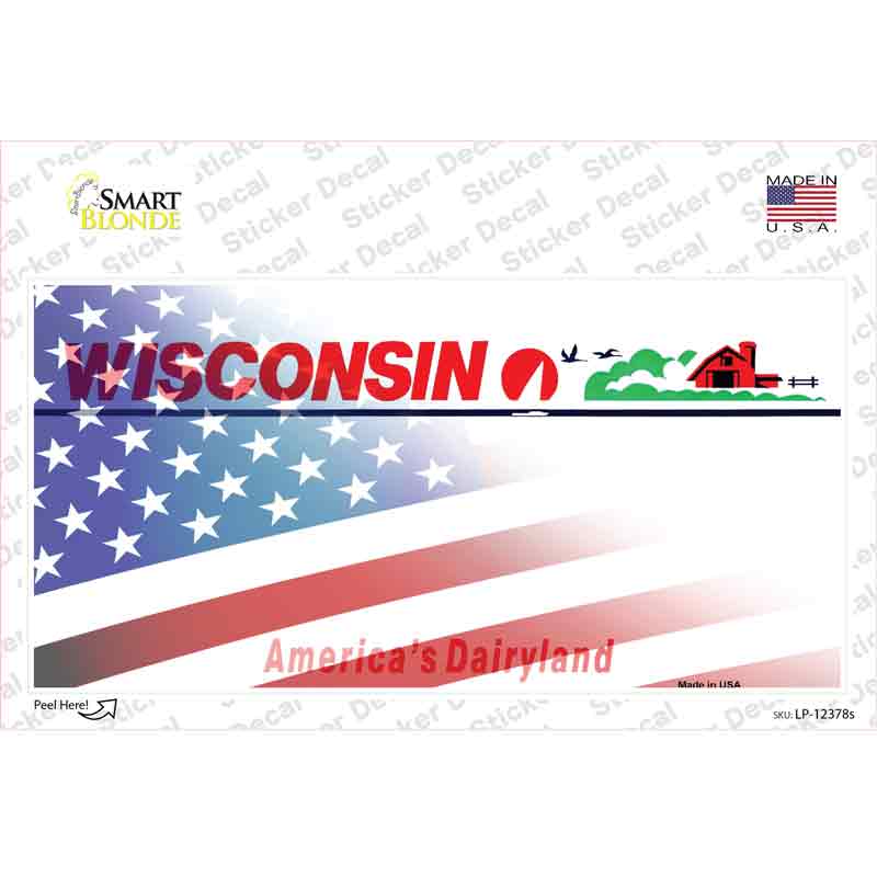 LP-12378s-M Wisconsin with American Flag Novelty Sticker Decal - Medium