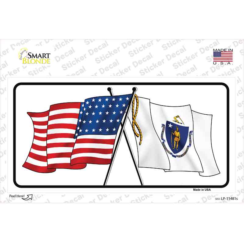 LP-11481s-M Massachusetts Crossed US Flag Novelty Sticker Decal - Medium