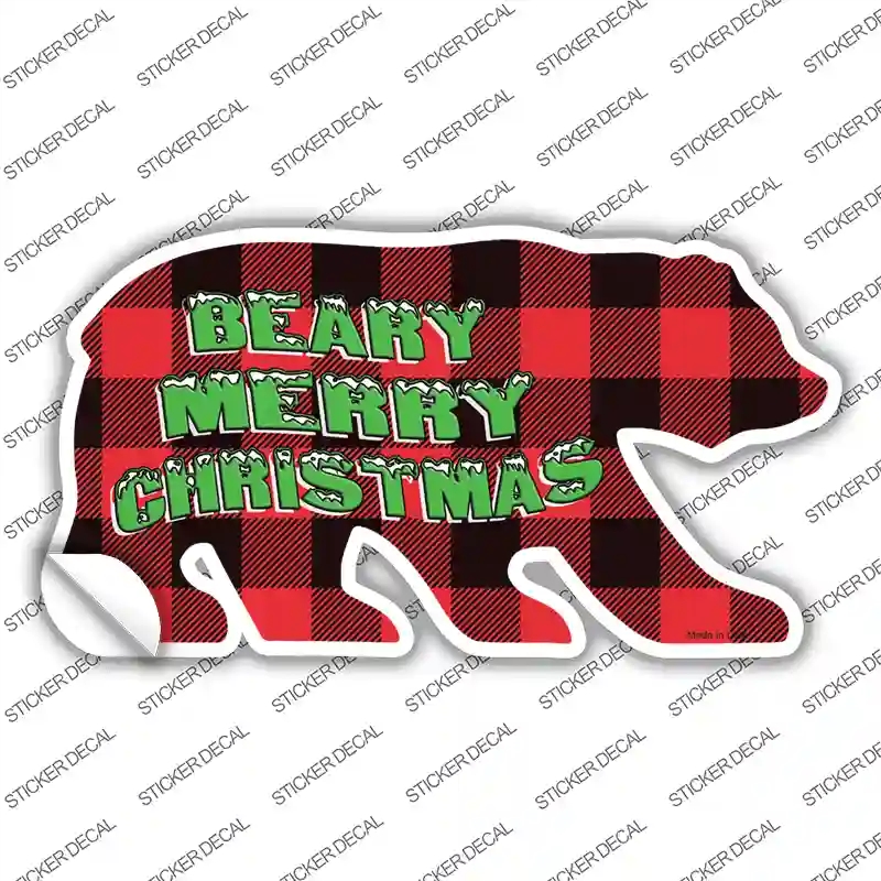 BR-070s-L Beary Merry Christmas Red Novelty Bear Sticker Decal - Large