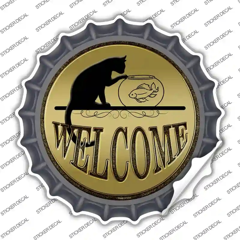 BC-633s-S Welcome with Cat Novelty Bottle Cap Sticker Decal - Small