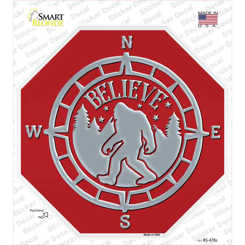 BS-478s-M Believe Bigfoot Compass Red Novelty Octagon Sticker Decal - Medium