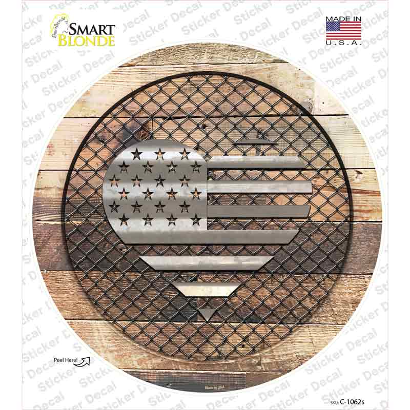 C-1062s-M American Flag Heart on Wood Novelty Circle Sticker Decal - Medium