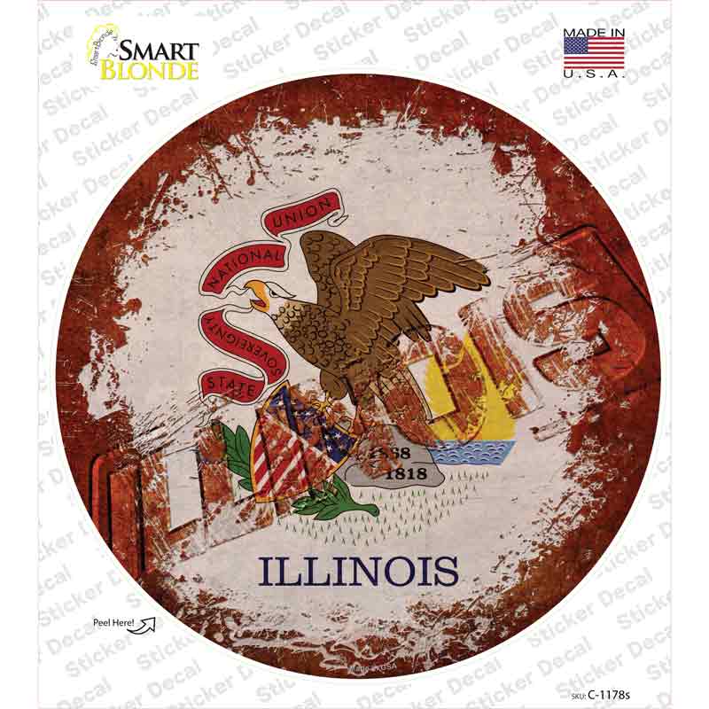 C-1178s-M Illinois Rusty Stamped Novelty Circle Sticker Decal - Medium