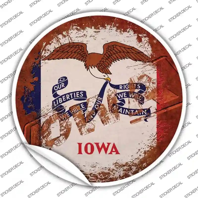 C-1180s-L Iowa Rusty Stamped Novelty Circle Sticker Decal - Large