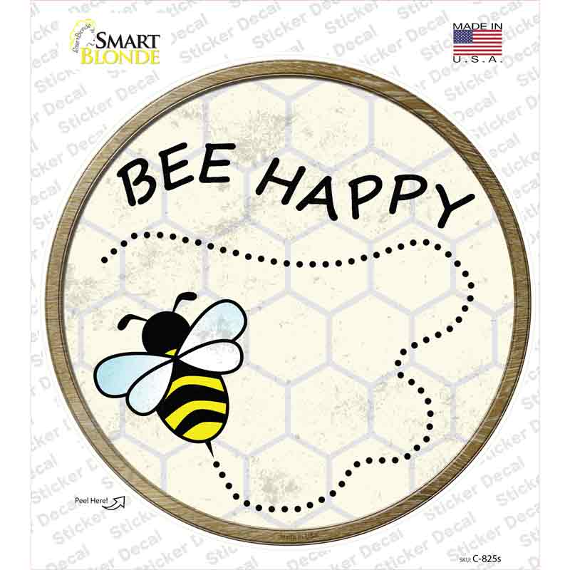C-825s-M Bee Happy Novelty Circle Sticker Decal - Medium