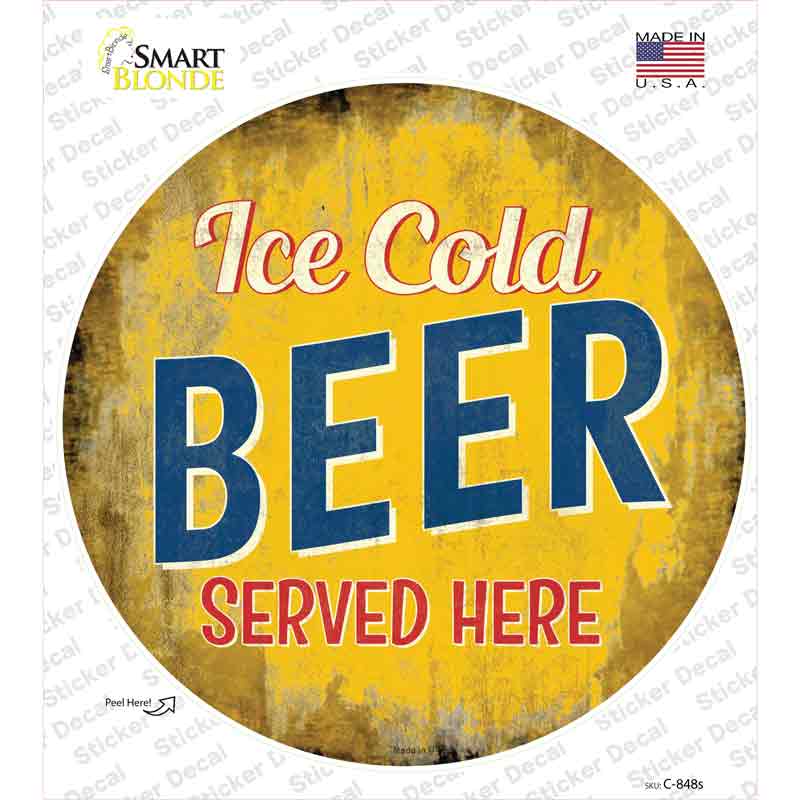 C-848s-M Ice Cold Beer Served Here Novelty Circle Sticker Decal - Medium