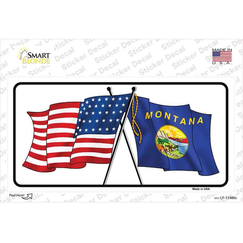 LP-11486s-M Montana Crossed US Flag Novelty Sticker Decal - Medium